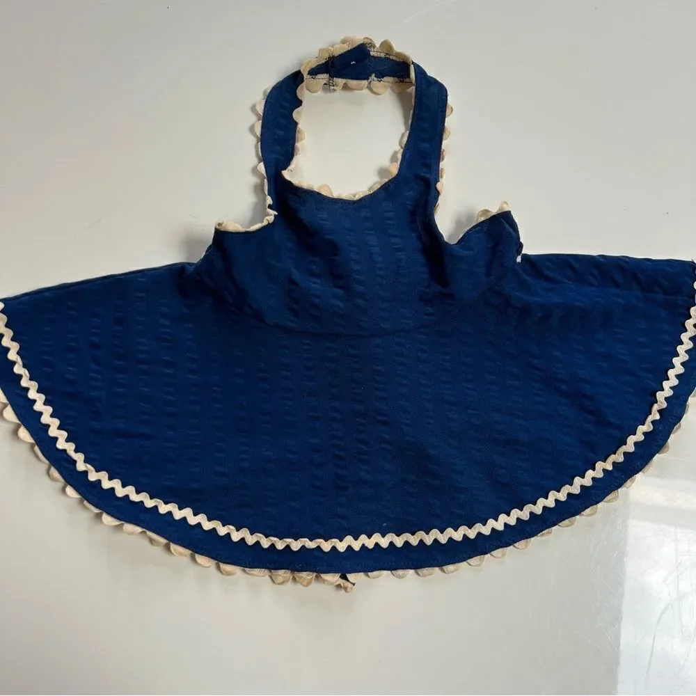 Vintage 1970s Apron Style Tie Belt Swing Halter Dress with Scalloped Trim - Picture 3 of 7